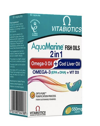 Aquamarine 2 in 1 Omega 3 + Cod Liver Oil 60 capsu...