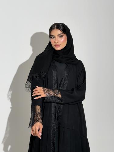 عباية كريب كوري أسود مع دانتيل فرنسي قصة دبل كلوش