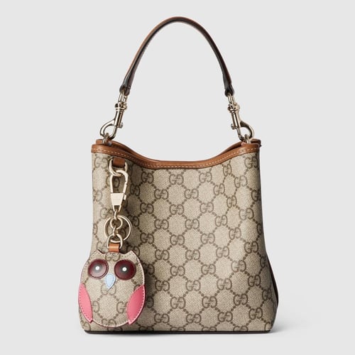 Gucci | GG Emblem small bucket bag | beige and dar...