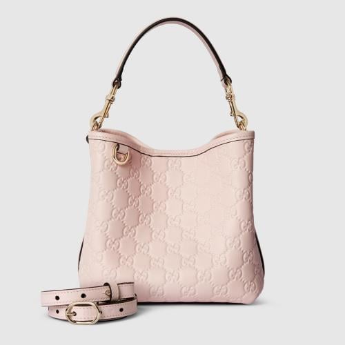 Gucci | GG Emblem small bucket bag | pink GG leath...