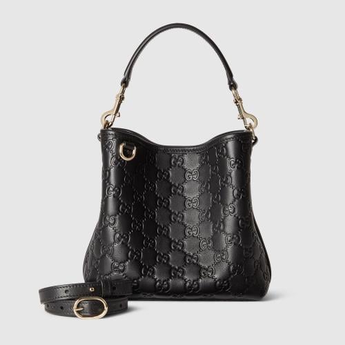 Gucci | GG Emblem small bucket bag | black GG leat...