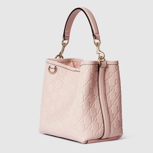 Gucci | GG Emblem small bucket bag | pink GG leath...