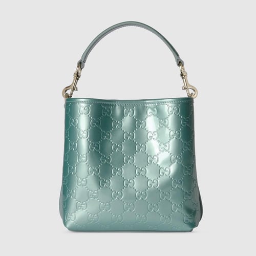 Gucci | GG Emblem small bucket bag | light blue GG...