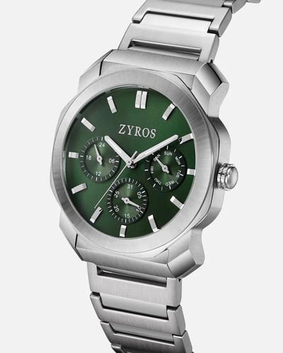 ساعة رجالية من زايروس ستيل فضي ميناء اخضر