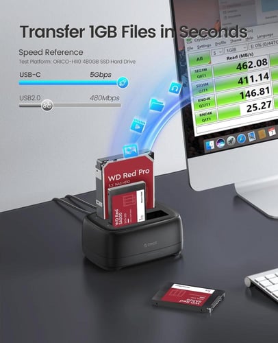 قاعدة أقراص صلبة ORICO SATA إلى USB-C مزدوجة 2.5/3...