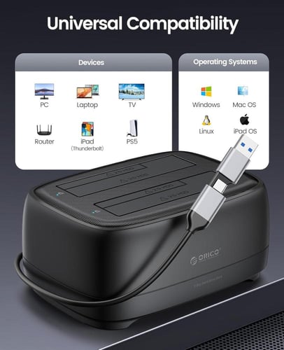 قاعدة أقراص صلبة ORICO SATA إلى USB-C مزدوجة 2.5/3...