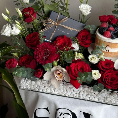 اسوارة تومي مع تنسيق ورد أحمر وأبيض مع كيكة جاناش