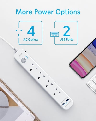 توصيلة انكر 4 منافذ طاقة ومنفذين USB - ابيض
