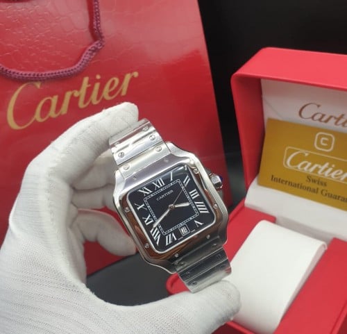 ساعة كارتير سانتوس ستيل بلون الميناء الاسود