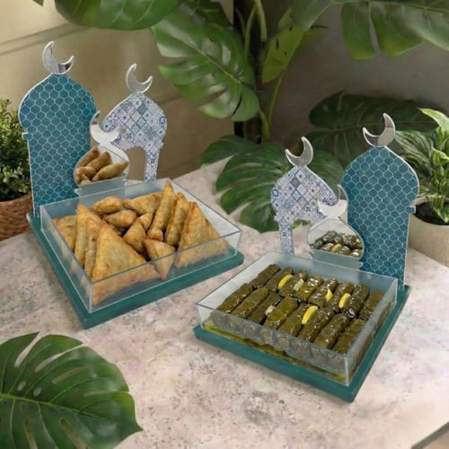 طقم صواني تقديم رمضانية (حبتين) بتصميم مساجد وهلال...