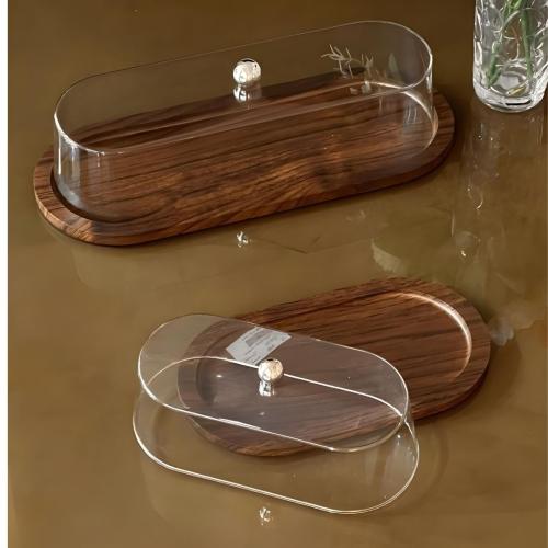صحن تقديم خشب بيضاوي بغطاء أكريليك شفاف (متوفر بمق...