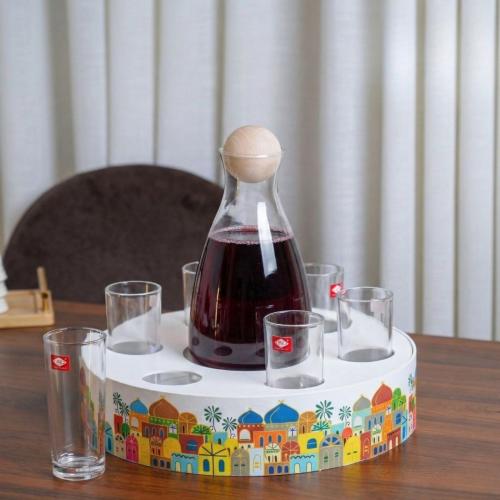 طقم تقديم عصير زجاجي جك مع 6 أكواب وقاعدة بتصميم ت...