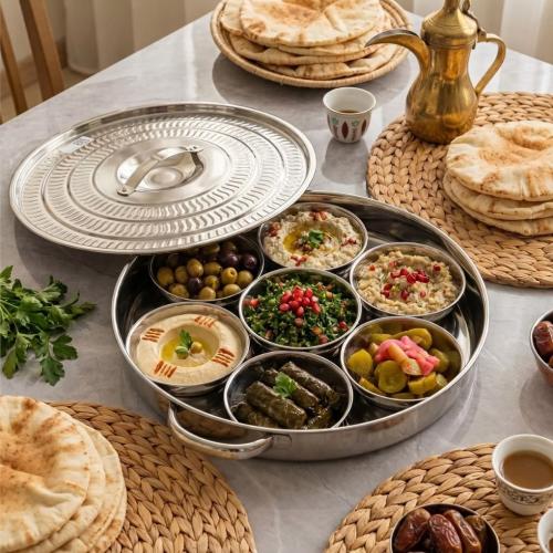 طقم صحن فطور ستيل هندي 9 قطع مقسم مع غطاء