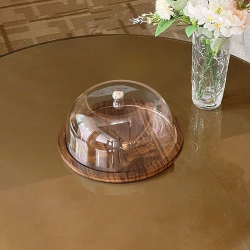 صحن تقديم خشب دائري بغطاء أكريليك مقبب (متوفر بمقا...