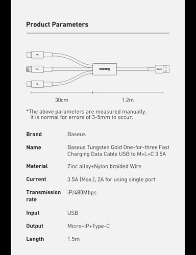سلك بيسوس 3 في 1 بطول 1.5 متر شحن سريع بثلاث مخارج...
