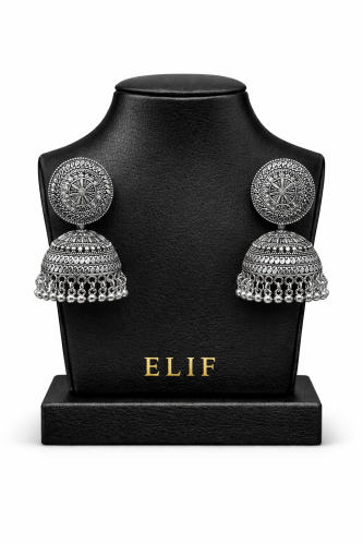 أقراط جومكا فضية مزخرفة فاخرة Premium Ornate Silve...