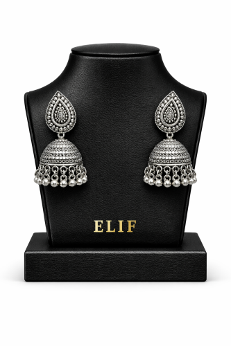 أقراط جومكا فضية مزخرفة Ornate Silver Jhumka Earri...