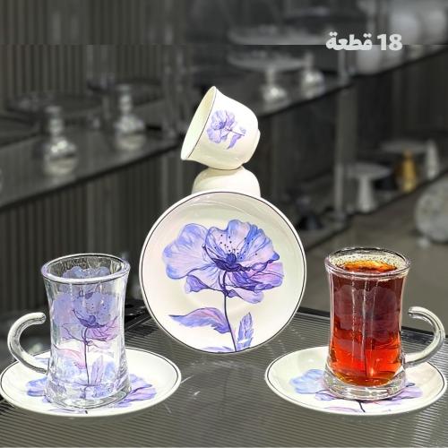 طقم كاسات وبيالات 18 قطعة منقوش موف