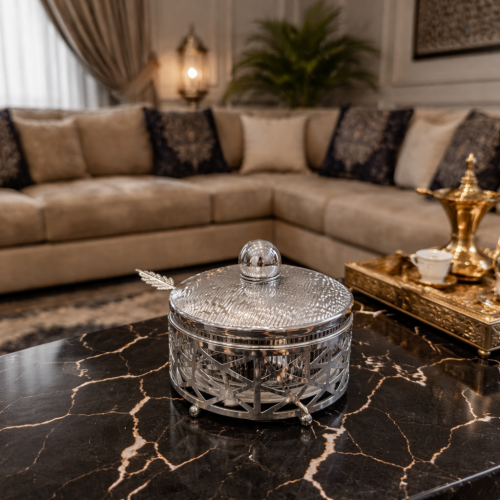 سكرية فضية فاخرة مع ملعقة – تصميم دائري بنقوش راقي...