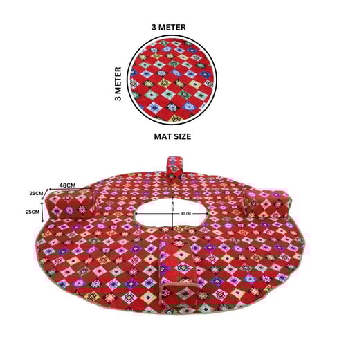 سجادة تخييم حمراء دائرية بحجم 3×3 متر مع 4 مساند ل...