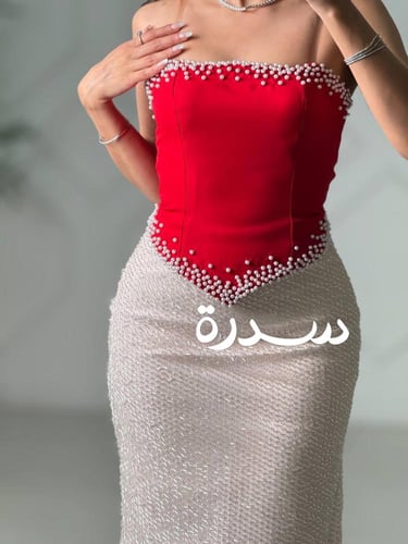 فستان سهرة بتزيين اللؤلؤ