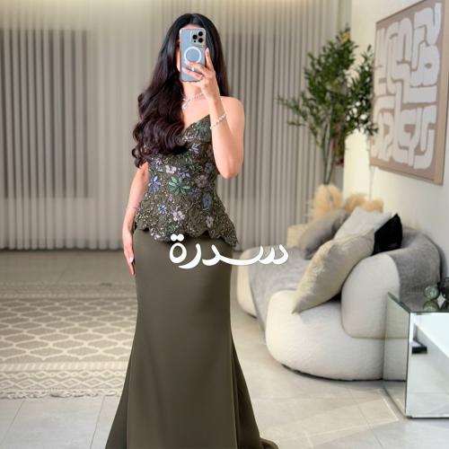 فستان زيتي مطرز كورسيه فاخر