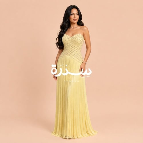 فستان سهرة هدب مرصع بفصوص كريستالية