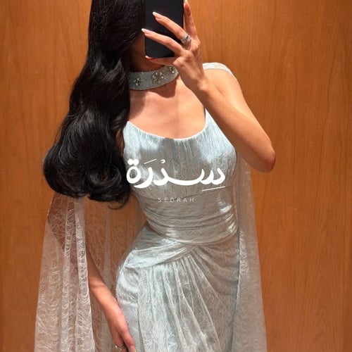 فستان سهرة أزرق دانتيل بقصة كورسيه