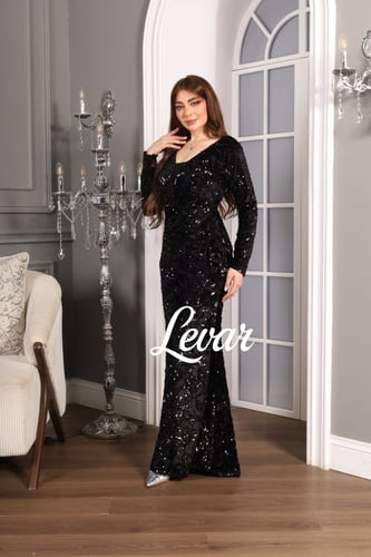 فستان اسود ترتر طويل اكمام قصه ٧ صدر