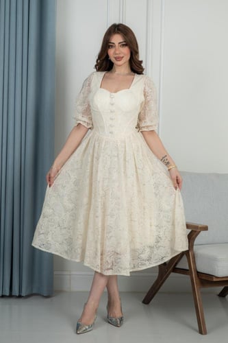 فستان عيد وجمعات رمضانية ميدي ناعم من الدانتيل