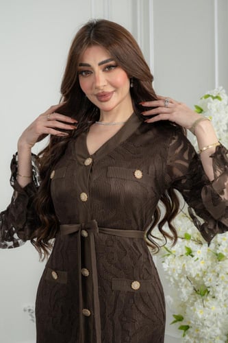 فستان عيد وجمعات رمضانية دانتيل فاخر باللون البني