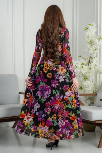 فستان عيد وجمعات رمضانية ماكسي ساحر بنقوش ورد