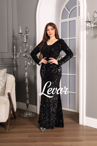 فستان اسود ترتر طويل اكمام قصه ٧ صدر