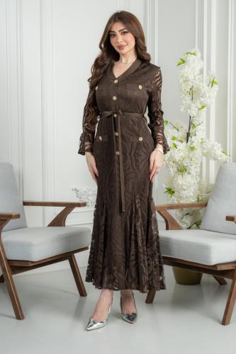 فستان عيد وجمعات رمضانية دانتيل فاخر باللون البني