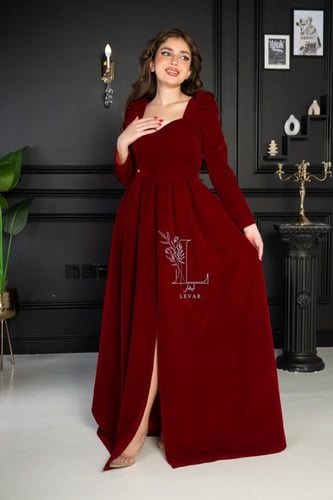 فستان سهره السهرة بالجوخ الأحمر