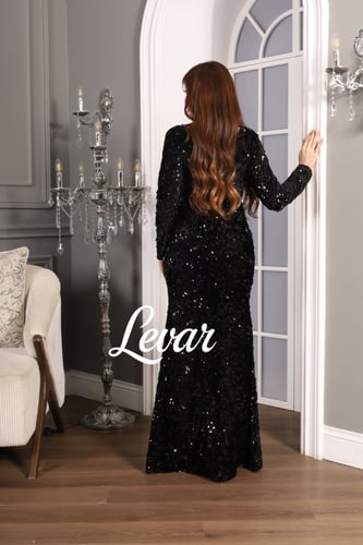 فستان اسود ترتر طويل اكمام قصه ٧ صدر