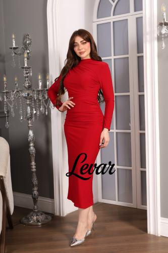 فستان احمر استرتش ميدي أكمام خناقي ماسك