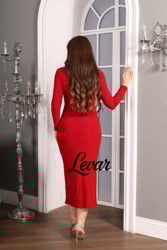 فستان احمر استرتش ميدي أكمام خناقي ماسك