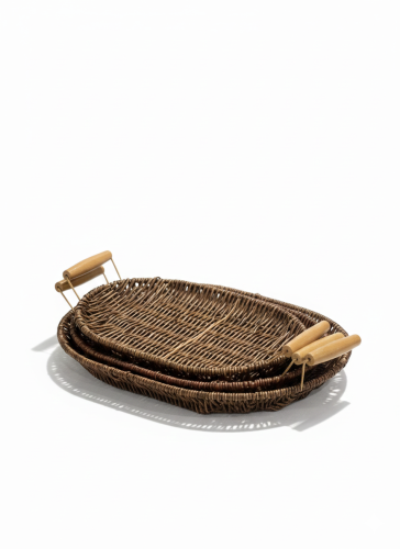 طقم صواني تقديم خوص مع مقابض خشب