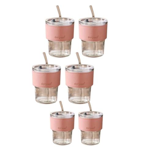 كوب زجاجي بمصاص 350ml تصميم عصري بغطاء جلدي عدد 6
