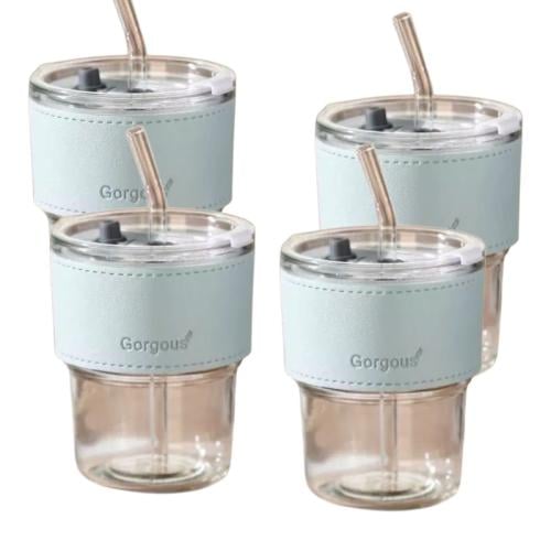 كوب زجاجي بمصاص 350ml تصميم عصري بغطاء جلدي عدد 4