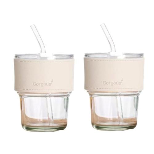 كوب زجاجي بمصاص 350ml تصميم عصري بغطاء جلدي عدد 2