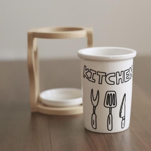 حامل الملاعق او اداوت الطبخ سيراميك مع قاعدة خشب |...