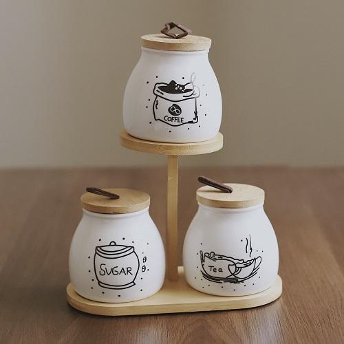 طقم حافظات سيراميك مع ستاند واغطية من الخشب | Cera...