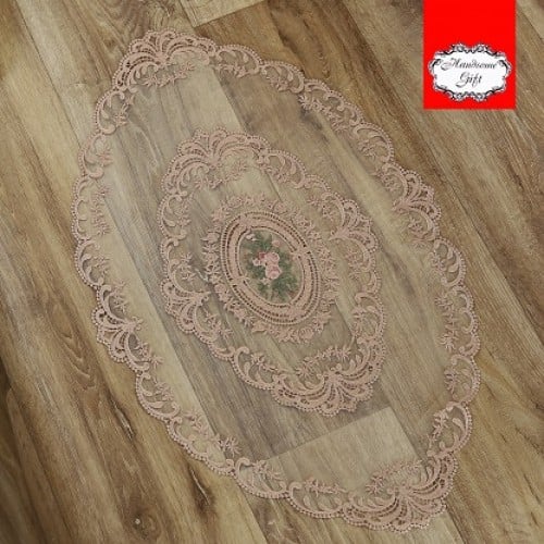 مفرش مائدة بيضاوي قطن دانتيل 70*45 سم لون وردي | C...