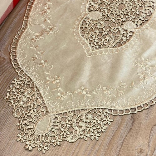 مفرش دانتيل ومخمل لون بيج OL|Lace Velvet Table Clo...