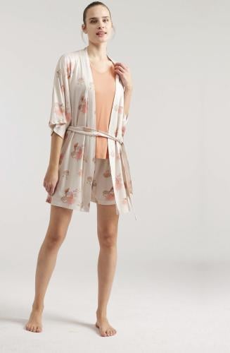 بجامه نسائي برتقالي فاتح 3 قطع مطبوعة