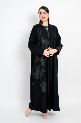 عباية كريب فيراري سواد فاحم لف نص كلوش تطريز ورود...