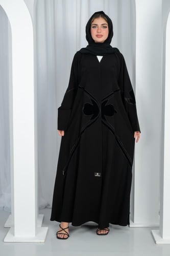 عباية كريب ملكي مع مخمل وأكمام مربعة مرسومة بمخمل