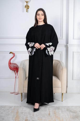 عباية نص كلوش بتطريز ورد كمبيوتر سمري على موڤ